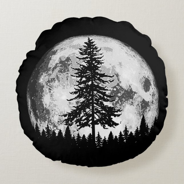 Retro Full Moon & Minimalist Pine Tree  Gra Rond Kussen (Voorkant)