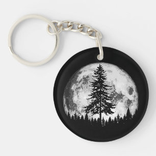 Retro Full Moon & Minimalist Pine Tree Gra Sleutelhanger