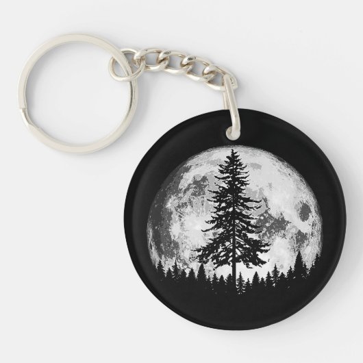 Retro Full Moon & Minimalist Pine Tree Gra Sleutelhanger (Voorkant)
