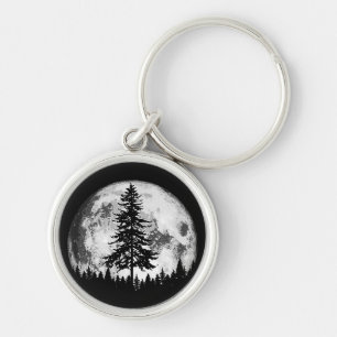 Retro Full Moon & Minimalist Pine Tree Gra Sleutelhanger