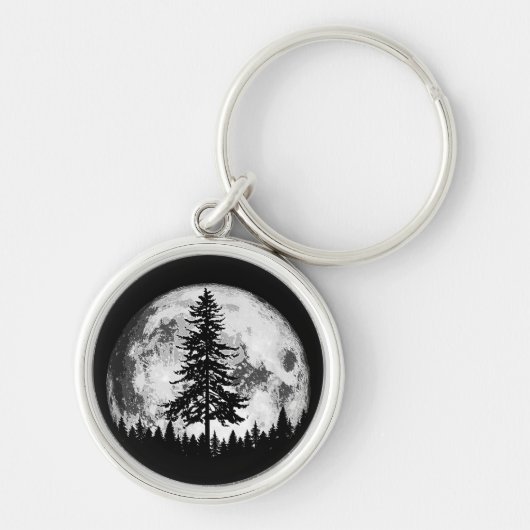 Retro Full Moon & Minimalist Pine Tree Gra Sleutelhanger (Voorkant)