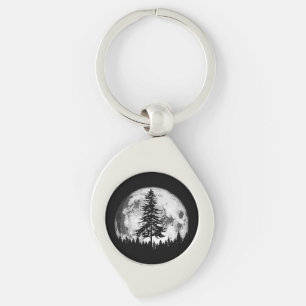 Retro Full Moon & Minimalist Pine Tree Gra Sleutelhanger