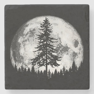 Retro Full Moon & Minimalist Pine Tree  Gra Stenen Onderzetter
