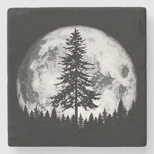 Retro Full Moon & Minimalist Pine Tree  Gra Stenen Onderzetter (Voorkant)