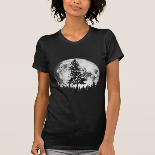 Retro Full Moon & Minimalist Pine Tree Gra T-shirt (Voorkant)