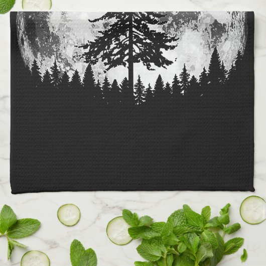 Retro Full Moon & Minimalist Pine Tree  Gra Theedoek (Gevouwen)