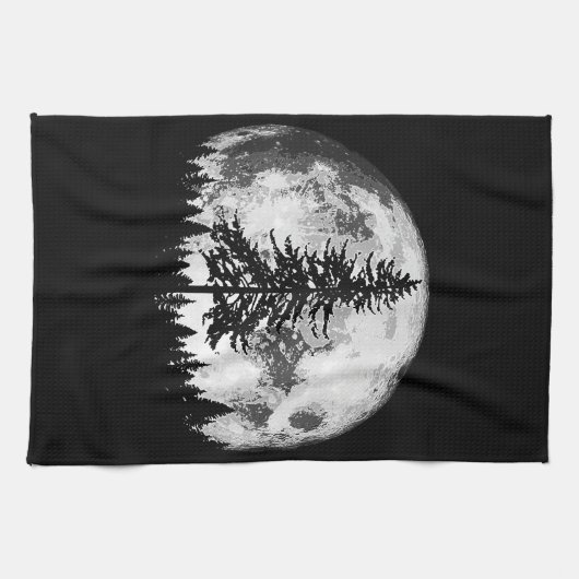 Retro Full Moon & Minimalist Pine Tree  Gra Theedoek (Horizontaal)