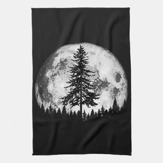 Retro Full Moon & Minimalist Pine Tree  Gra Theedoek (Verticaal)