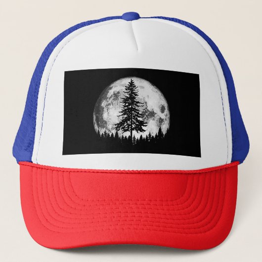 Retro Full Moon & Minimalist Pine Tree Gra Trucker Pet (Voorkant)