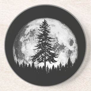 Retro Full Moon & Minimalist Pine Tree  Gra Zandsteen Onderzetter