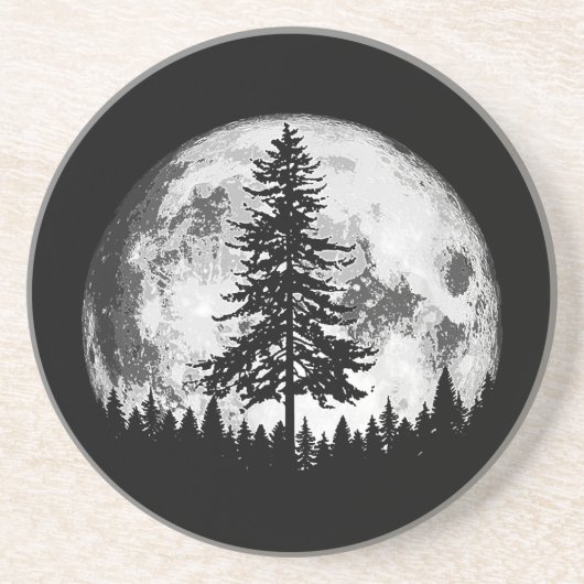 Retro Full Moon & Minimalist Pine Tree Gra Zandsteen Onderzetter (Voorkant)