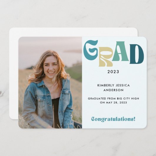 Retro Fun Blue Afstudeerder Photo 2023 Afstuderen Aankondiging (Voorkant / Achterkant)