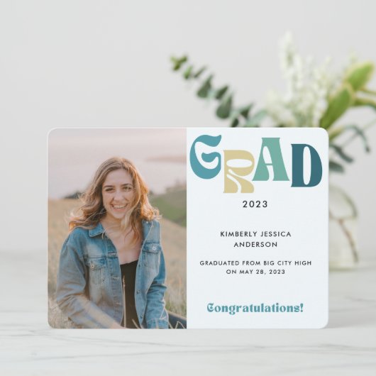 Retro Fun Blue Afstudeerder Photo 2023 Afstuderen Aankondiging (Staand voorkant)