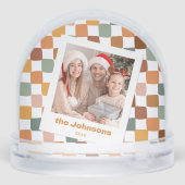 Retro Fun Checkered Family Photo Groovy Christmas Sneeuwbol (Achterkant)