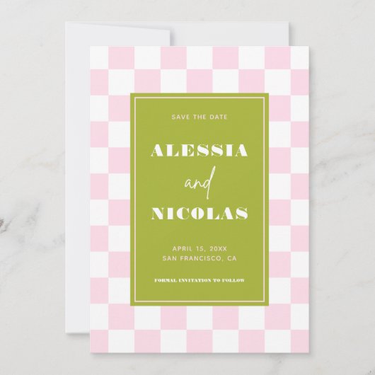 Retro Fun Pink & Green Checkerboard Check Wedding Save The Date (Voorkant)