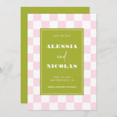 Retro Fun Pink & Green Checkerboard Check Wedding Save The Date (Voorkant / Achterkant)