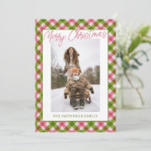 Retro Fun Pink Green Gingham Plaid Foto Kerstmis Feestdagenkaart (Staand voorkant)
