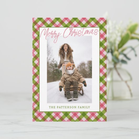 Retro Fun Pink Green Gingham Plaid Foto Kerstmis Feestdagenkaart (Staand voorkant)