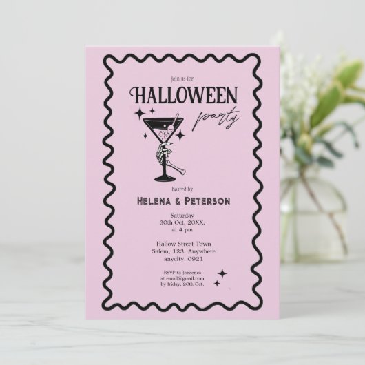 Retro Fun Roze en Zwart Halloween Party Kaart (Staand voorkant)