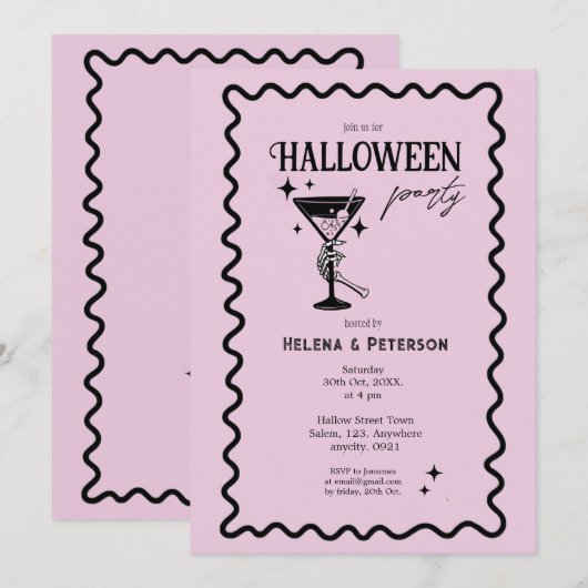 Retro Fun Roze en Zwart Halloween Party Kaart (Voorkant / Achterkant)