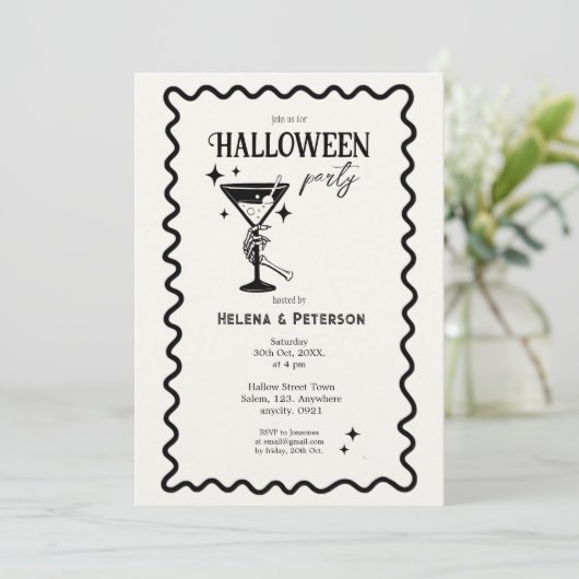 Retro Fun Zwart-wit Halloween Party Kaart (Staand voorkant)