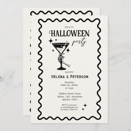 Retro Fun Zwart-wit Halloween Party Kaart (Voorkant / Achterkant)