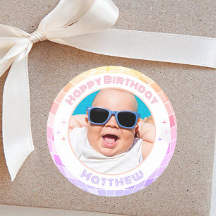 Retro Funky 90s Disco Ball Happy Birthday Foto Ronde Sticker