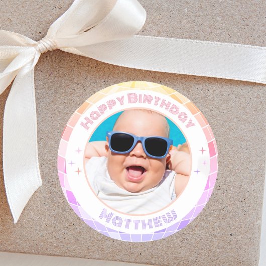 Retro Funky 90s Disco Ball Happy Birthday Foto Ronde Sticker