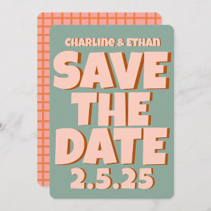 Retro Funky Blauwe Roze Bewaar de Datum QR-code Save The Date