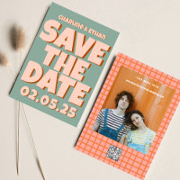 Retro Funky Blauwe Roze Bewaar de Datum QR-code