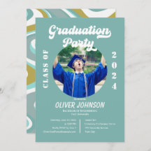 Retro Funky Blue en Gold Afstuderen Invitation