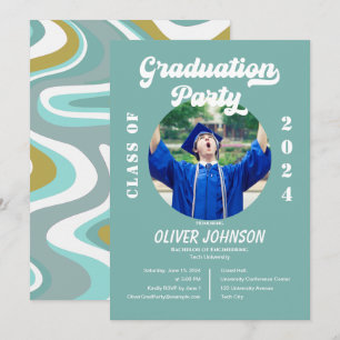 Retro Funky Blue en Gold Afstuderen Invitation Kaart