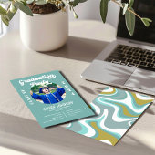 Retro Funky Blue en Gold Afstuderen Invitation Kaart