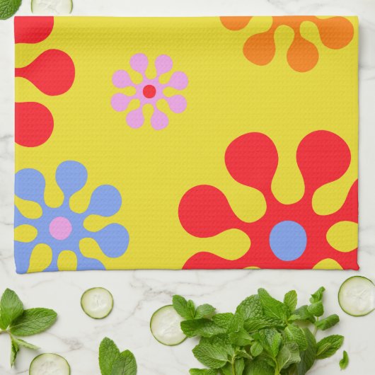 Retro Funky Flower Pattern Yellow Towels Theedoek (Gevouwen)