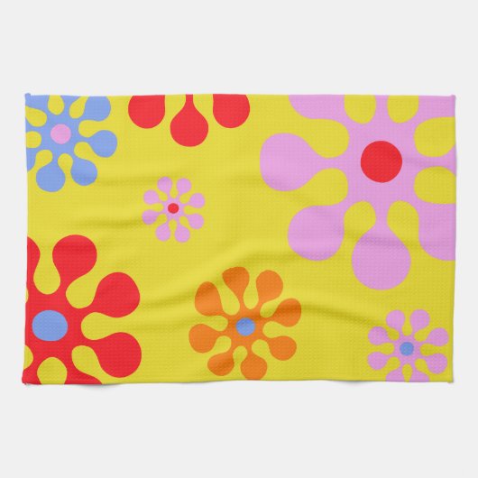Retro Funky Flower Pattern Yellow Towels Theedoek (Horizontaal)