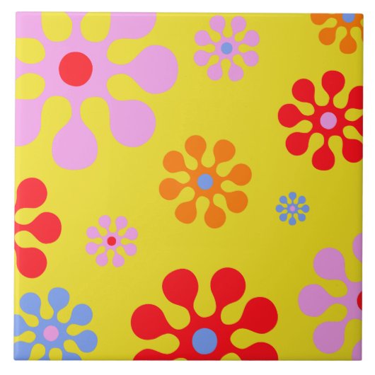 Retro Funky Flower Pattern Yellow Trivet Tegeltje (Voorkant)