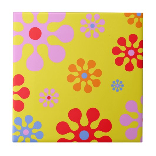Retro Funky Flower Pattern Yellow Trivet Tegeltje (Voorkant)