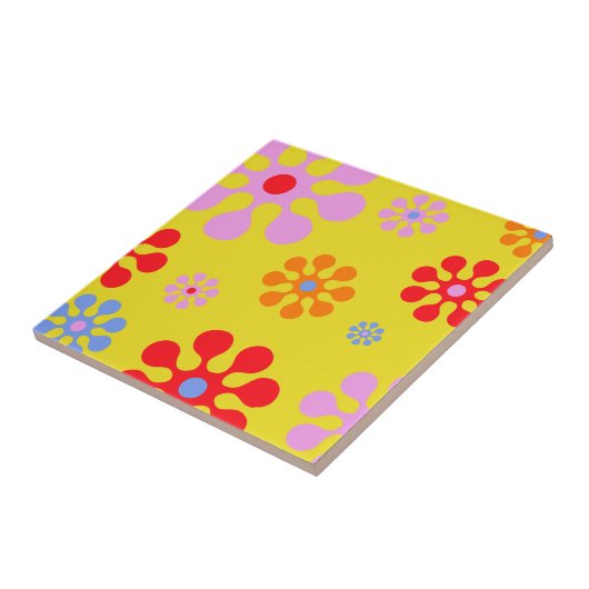 Retro Funky Flower Pattern Yellow Trivet Tegeltje (Zijkant)
