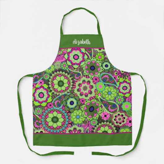 Retro Funky Flowers - Roze Groen met Script Naam Schort (Voorkant)