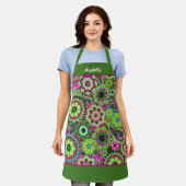 Retro Funky Flowers - Roze Groen met Script Naam Schort (Gedragen)