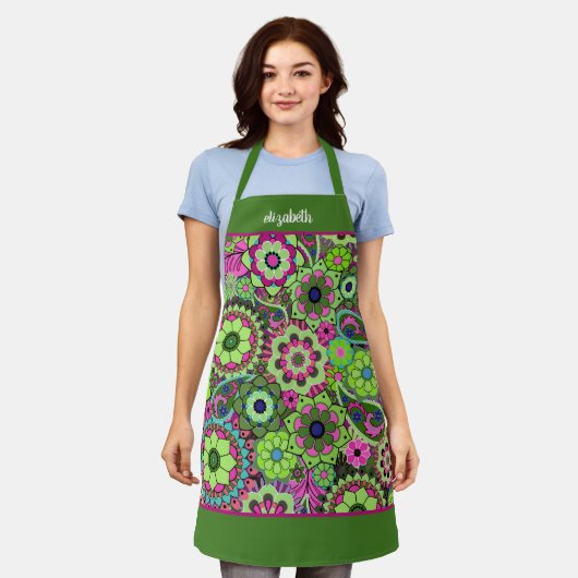 Retro Funky Flowers - Roze Groen met Script Naam Schort (Gedragen)