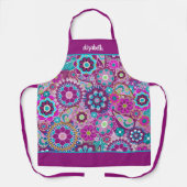 Retro Funky Flowers - Roze Paarse met Script Name Schort (Voorkant)