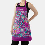 Retro Funky Flowers - Roze Paarse met Script Name Schort (Insitu)