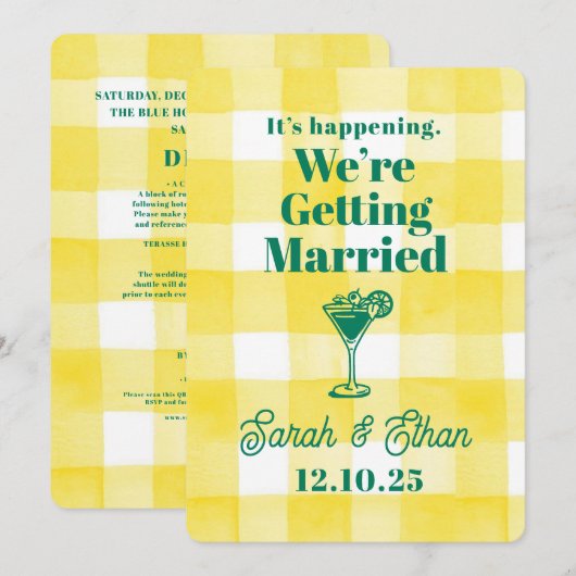 Retro Funky Gestreepte Groen Gele Bruiloft Kaart (Voorkant / Achterkant)