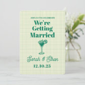 Retro Funky Gestreepte Groen Gele Bruiloft Kaart (Staand voorkant)