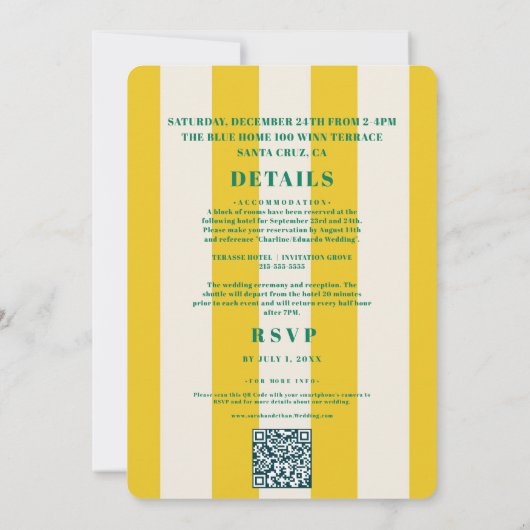 Retro Funky Gestreepte Groen Gele Bruiloft Kaart (Achterkant)