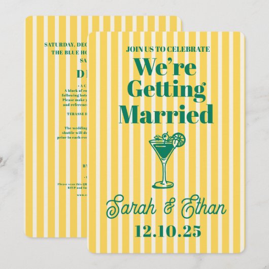 Retro Funky Gestreepte Groen Gele Bruiloft Kaart (Voorkant / Achterkant)