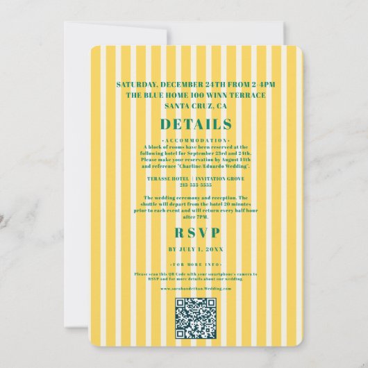 Retro Funky Gestreepte Groen Gele Bruiloft Kaart (Achterkant)