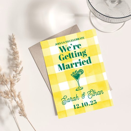 Retro Funky Gestreepte Groen Gele Bruiloft Kaart