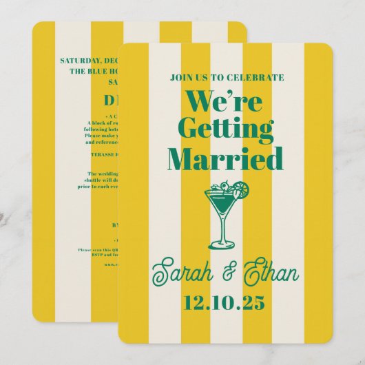 Retro Funky Gestreepte Groen Gele Bruiloft Kaart (Voorkant / Achterkant)